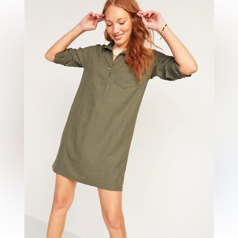 Old Navy Matcha Green Linen Blend Shirt Shift Dress size small - Picture 2 of 13